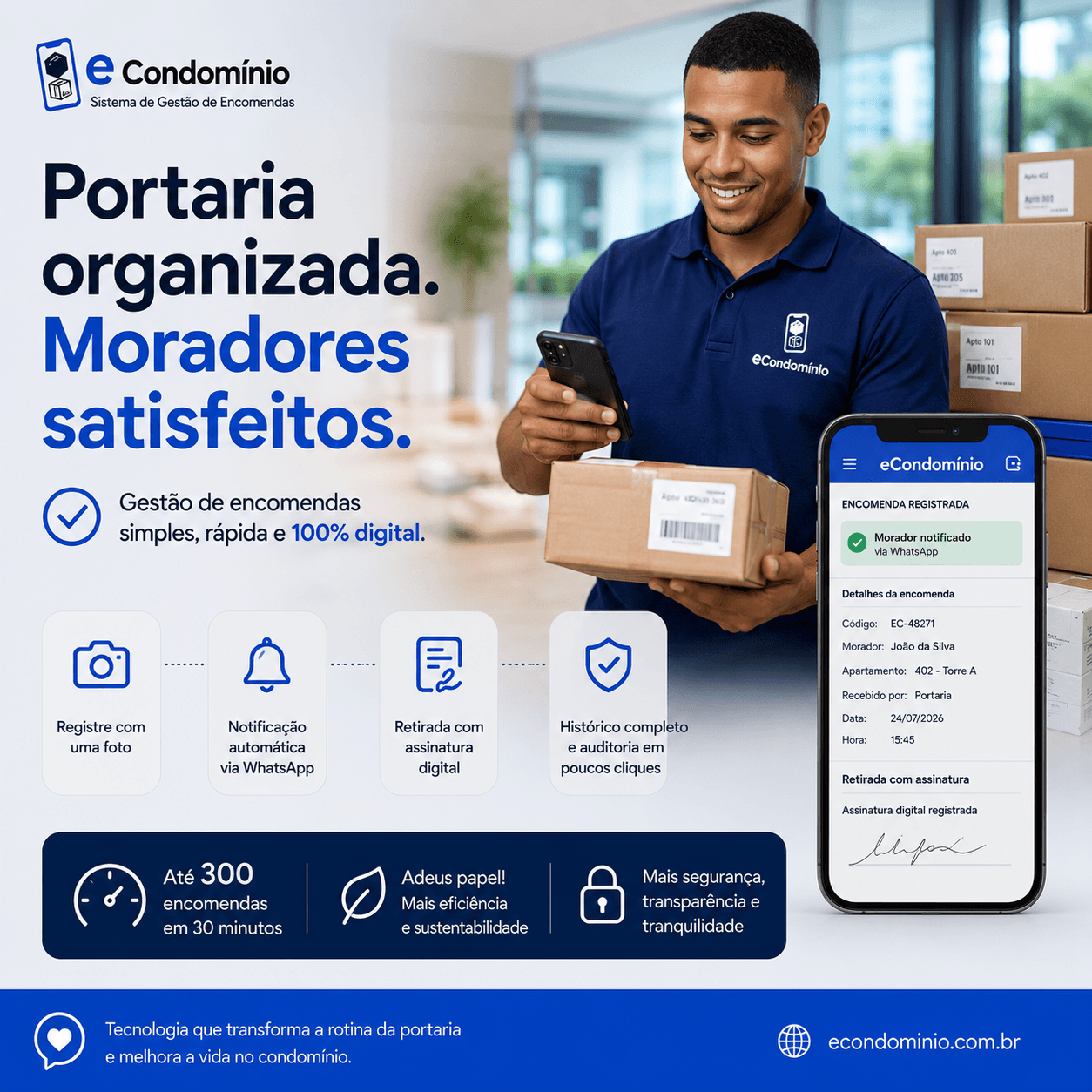 Porteiro registrando encomenda em condomínio com etapas de registro, notificação, armazenamento e retirada confirmada