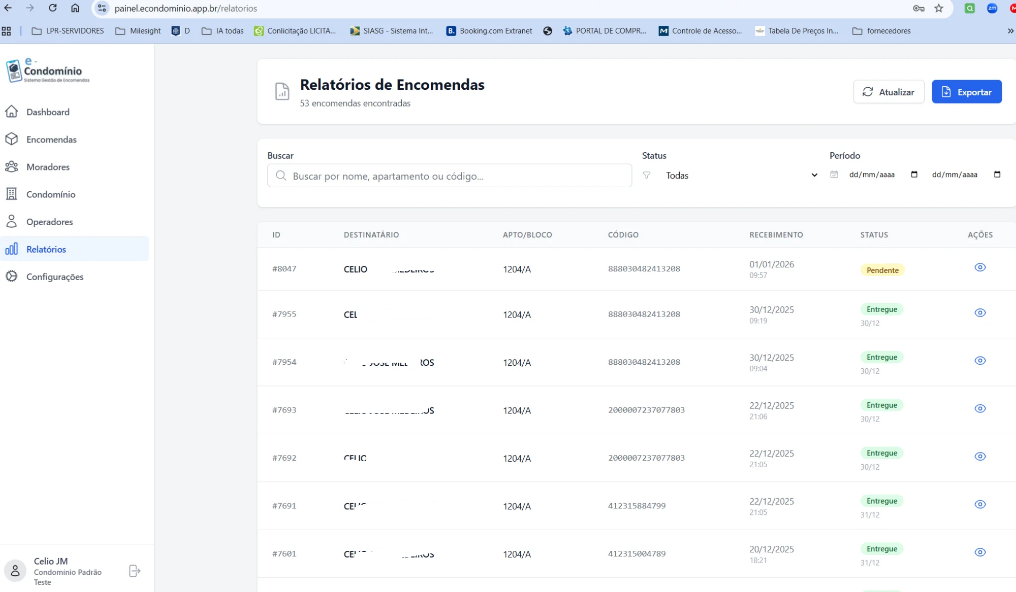Tela de relatórios do e-Condomínio
