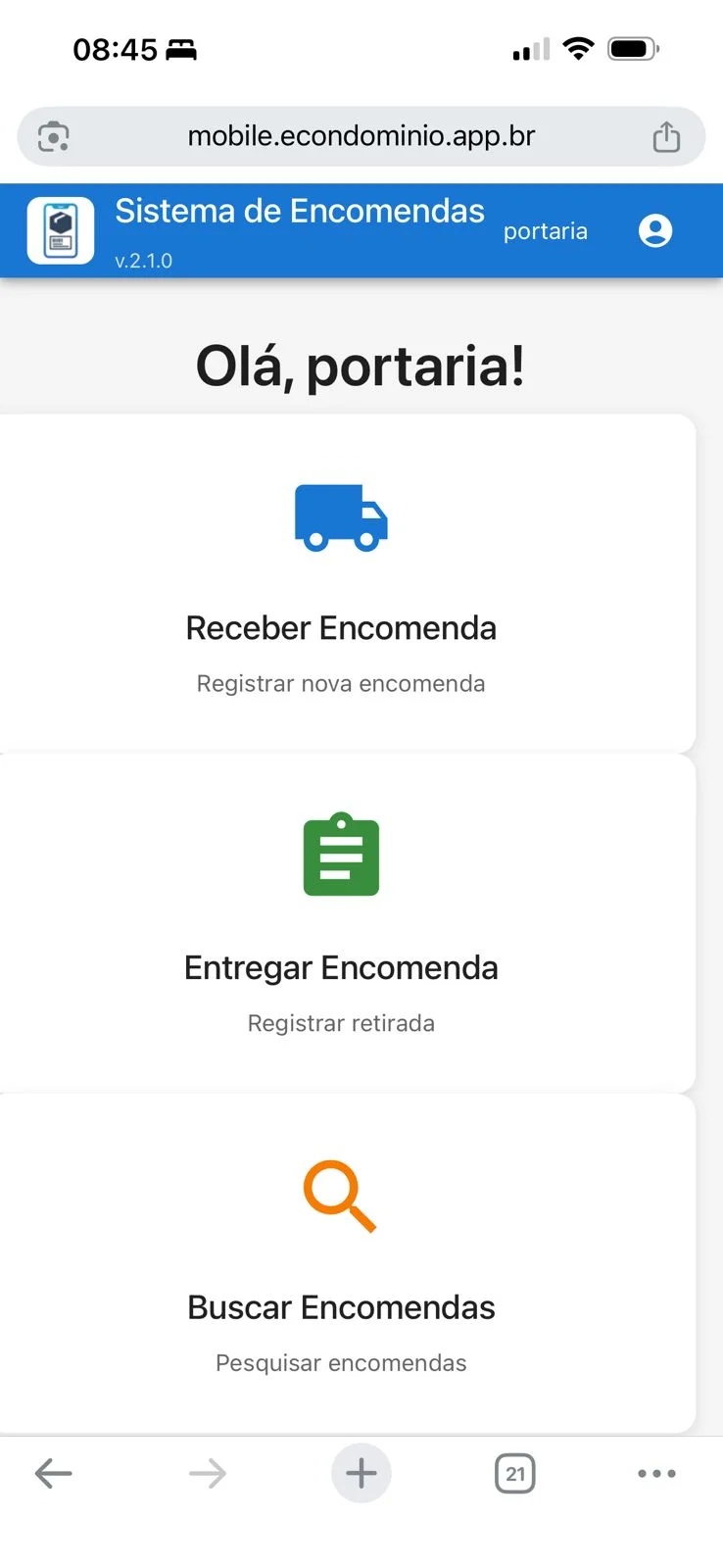 Tela inicial do e-Condomínio
